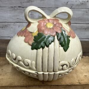 Ceramic Easter Egg Candy Lidded Dish Hand Paintd Floral Pastel 70s Vtg
